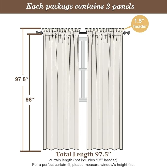 Chyhomenyc Sheer Curtains 96 inches Long 2 Panels - Light Filtering Soft Airy Solid Elegant Voile Window Treatment Drapes for Bedroom Living Room, 42Wx96L, 8FT, Light Yellow