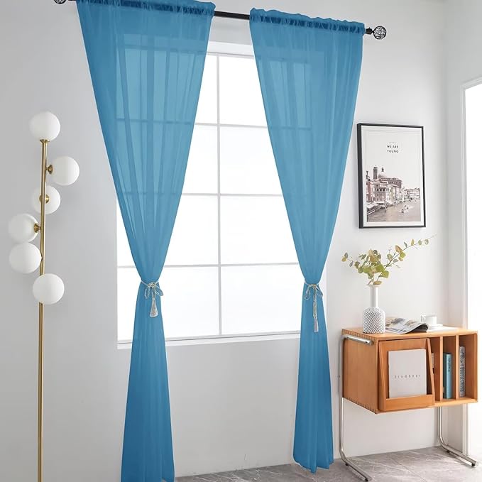 SpaceDresser Basic Rod Pocket Sheer Voile Window Curtain Panels Blue 1 Pair 2 Panels 52 Width 63 Inch Long for Kitchen Bedroom Children Living Room Yard（Blue, 52W x 63L）
