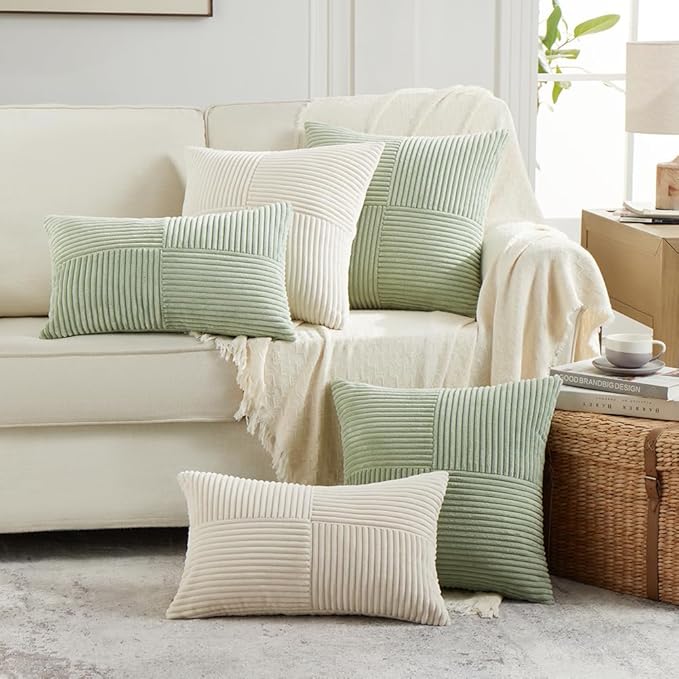 Fancy Homi 2 Packs Cream Decorative Throw Pillow Covers 20x20 Inch for Living Room Couch Bed Sofa, Rustic Farmhouse Boho Home Decor, Soft Corss Corduroy Patchwork Accent Square Cushion Case 50x50 cm