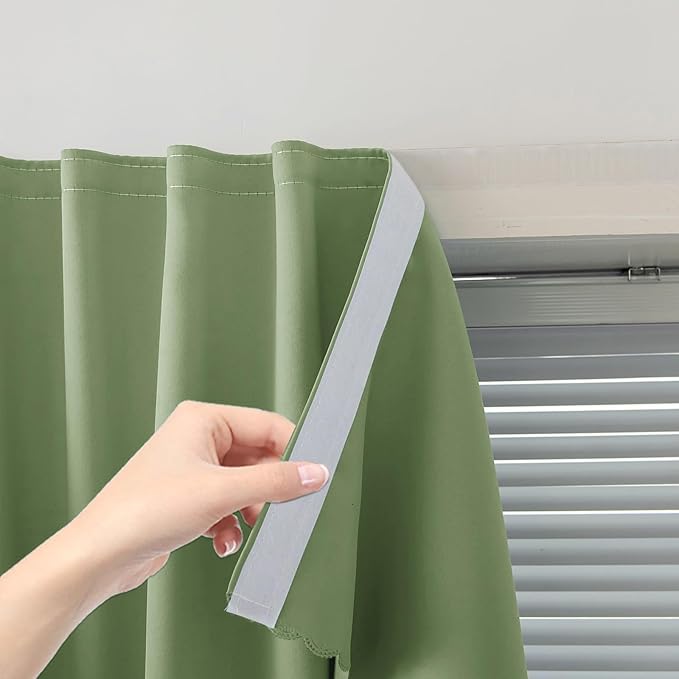 Magic Tape Blackout Curtains for Bedroom No Drillng Self Adhesive Curtains No Rod Small Window, 47" W X 79" L, Sage Green, 1 Panel