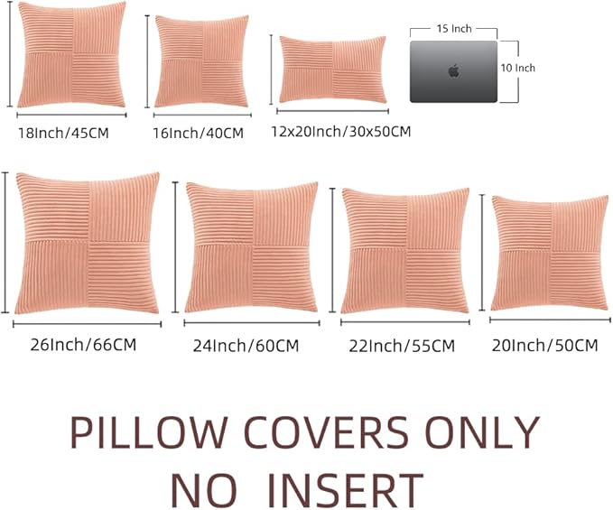 Fancy Homi 2 Packs Coral Decorative Throw Pillow Covers 16x16 Inch for Living Room Couch, Rustic Farmhouse Boho Home Decor, Soft Corss Patchwork Corduroy Textured Square Peach Cushion Case 40x40 cm