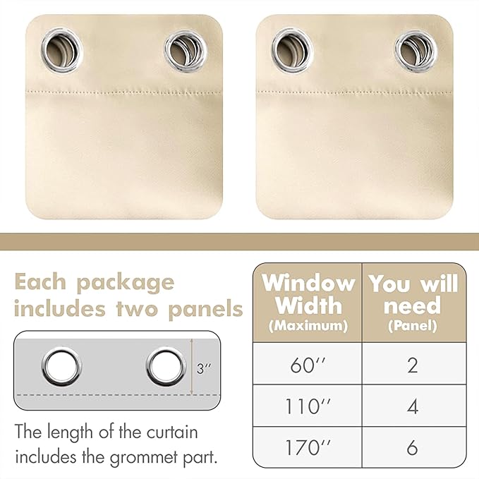 MIULEE 90" Long Room Darkening Curtains Thermal Insulated Drapes Solid Window Treatment Set Grommet Top Light Blocking Blackout Curtain for Living Room/Bedroom 2 Panels Cream Beige