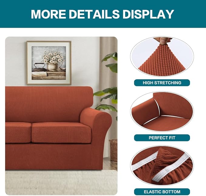 Turquoize 3 Piece Sofa Covers for 2 Cushion Couch Sofa Slipcover Soft Couch Cover for Dogs-Washable Sofa Furniture Covers with 2 Individual Cushion Covers, Thick Jacquard Fabric (Loveseat, Rust)