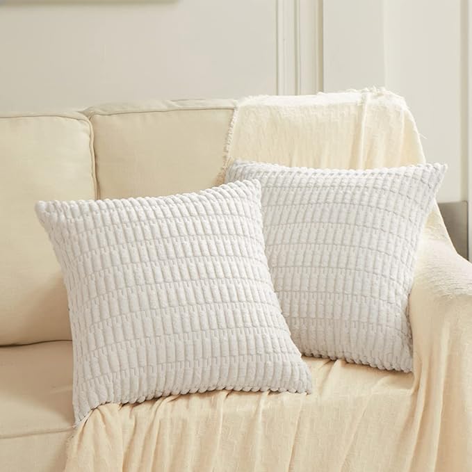 Fancy Homi 4 Packs Pure White Decorative Throw Pillow Covers 14x14 Inch for Living Room Couch Bed, Rustic Modern Farmhouse Boho Home Decor, Soft Plush Corduroy Cute Accent Square Cushion Case 35x35 cm