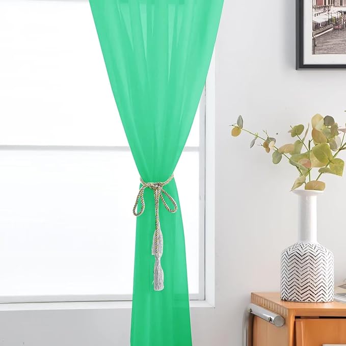SpaceDresser Basic Rod Pocket Sheer Voile Window Curtain Panels Grass Green 1 Pair 2 Panels 52 Width 96 Inch Long for Kitchen Bedroom Children Living Room Yard（Grass Green, 52W x 96L）