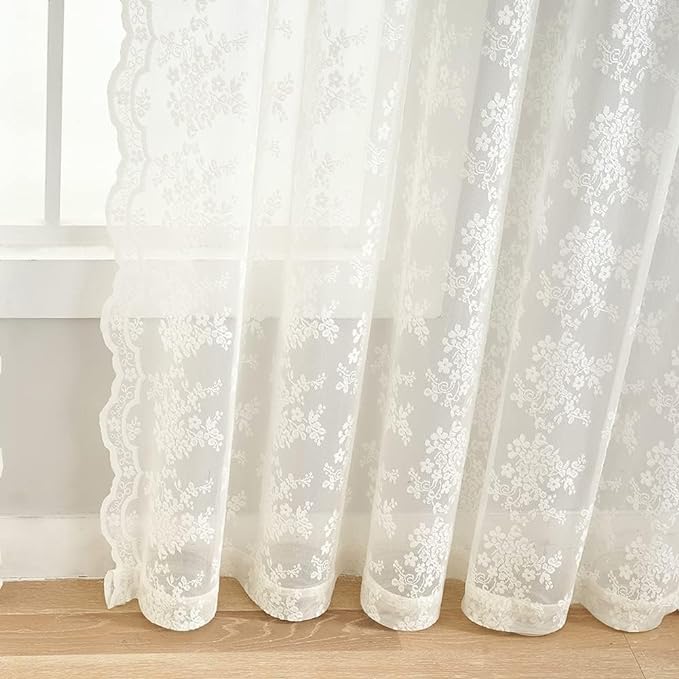 YJ YANJUN Vintage Lace Curtains Ivory Floral 105 inch Curtains 2 Panels for Living Room Rod Pocket Floor to Ceiling Drapes for Patio Sliding Glass Door Custom Scalloped Edges 52" W x 105" L Cream