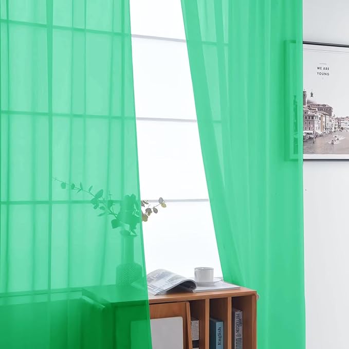 SpaceDresser Basic Rod Pocket Sheer Voile Window Curtain Panels Grass Green 1 Pair 2 Panels 52 Width 84 Inch Long for Kitchen Bedroom Children Living Room Yard（Grass Green, 52W x 84L）