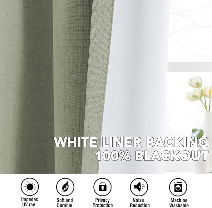 H.VERSAILTEX Linen Curtains 100% Blackout Curtains for Bedroom 45 inch Long Full Light Blocking Nature Linen Blended Window Curtains for Living Room Nickel Grommet (2 Panels, Heathered Tea)