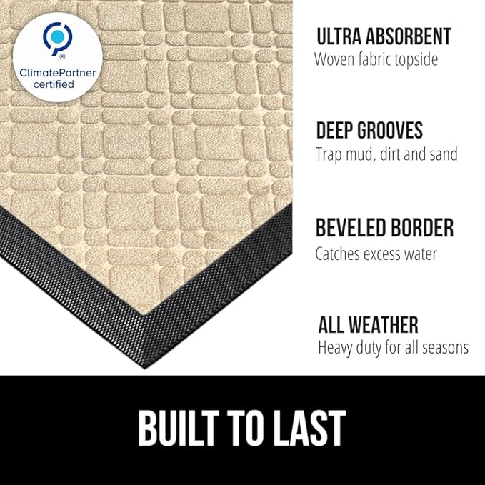 GORILLA GRIP 100% Waterproof All-Season WeatherMAX Doormat US Designed Natural Rubber, Stain and Fade Resistant, Low Profile Indoor Outdoor Door Mats, Easy Clean Patio Mat, 29x17, Modern Latte