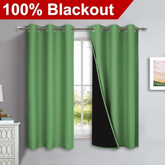 NICETOWN 100% Blackout Short Curtains with Black Liners, 2 Panels, 37" W by 50" L, Forest Green, Solid Thermal Insulated Full Blackout 2-Layer Lined Drapes, Energy Efficiency Window Drapes for Bedroom