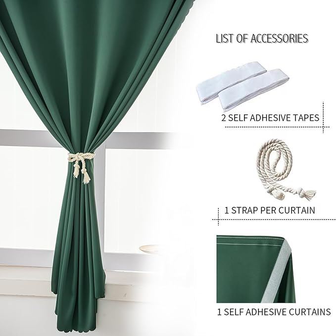 Blackout Curtains for Bedroom Stick On Curtains Window Shades Pull Down Blackout Window Cover No Drillng Self Adhesive Curtains No Rod Small Curtain 47" W X 79" L, Dark Green, 1 Panel