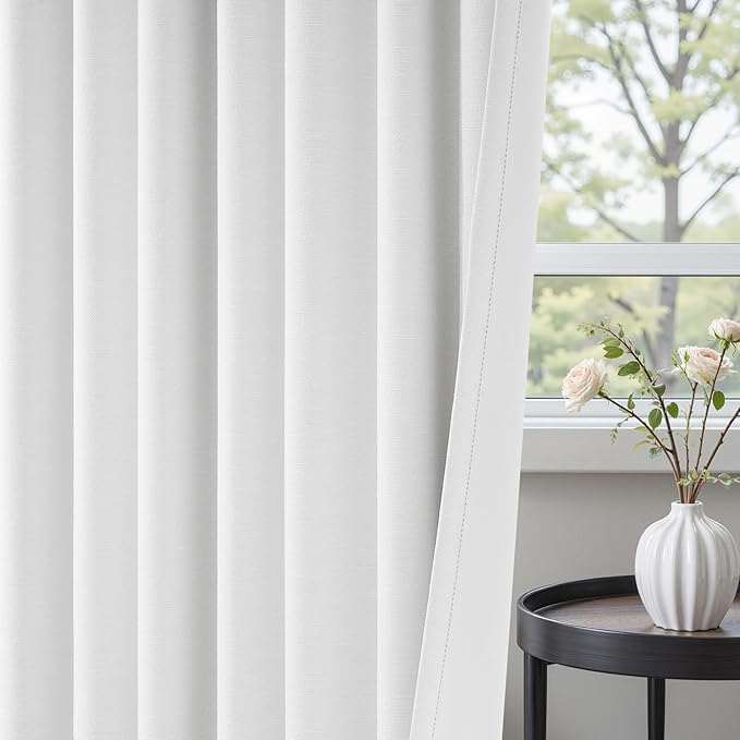 96 inch long Linen blackout curtains 2 Panels 100% Black out Linen texture Curtains ivory white Window Drapes with Back Tab Rod Pocket Mordern vintage Curtains Panel for Bedroom Living Room 8FT