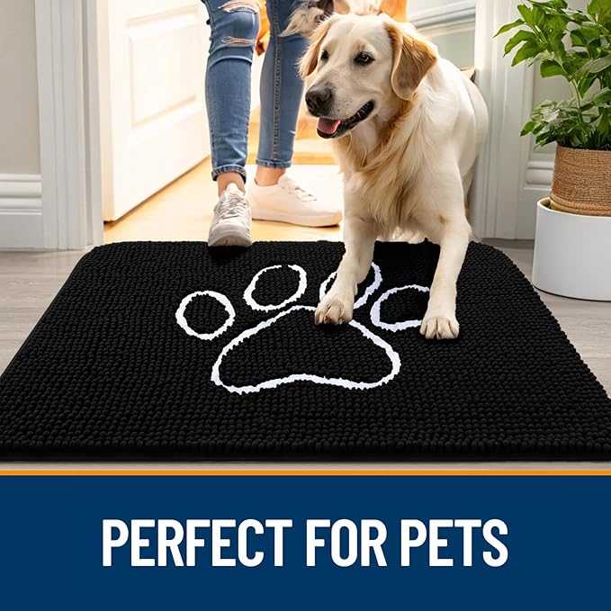 OLANLY Dog Door Mat for Muddy Paws 47x17, Paw Print Design, Absorbs Moisture and Dirt, Absorbent Non-Slip Washable Doormat, Quick Dry Chenille Mud Mat for Dogs, Entry Indoor Entryway Carpet, Black