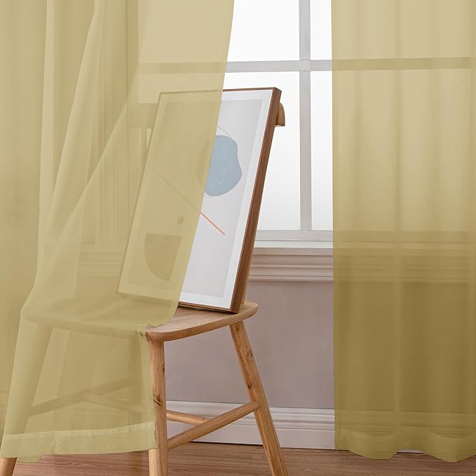 Simplebrand Gold Sheer Curtains 90 Inches Long 2 Panels, Light Filtering Rod Pocket Solid Color Window Sheer Curtain Panels, Elegant Curtains & Drapes for Living Room, Bedroom, 59" W x 90" L