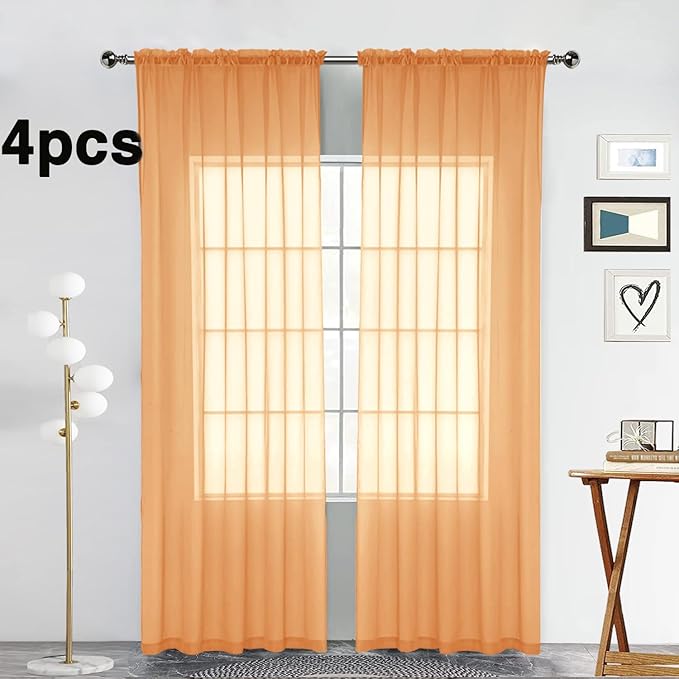 SpaceDresser Beige Sheer Curtains 4 Panels Rod Pocket Semi-Sheer Curtain 45 Inches Long Light Filtering Voile Window Drapes for Bedroom Living Room Kitchen, Each 52W x 45L
