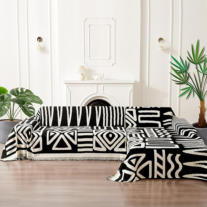 HANDONTIME Boho Sofa Covers for Dogs Black Couch Sofa Covers for 3 Cushion Couch Sofa Beige Chenille Sofa Slipcover Washable Sectional l Shaped Covers Pets Protector Furniture Covers, 71" X150"