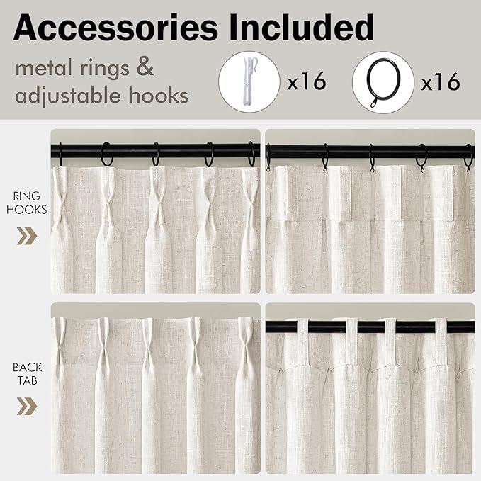 MIULEE Pinch Pleated Thick Linen Curtains 92 Inches Long 2 Panels for Living Room Bedroom, Pinch Pleat Drapes Back Tab Light Filtering Floor to Ceiling Semi Sheer Natural Farmhouse Window Curtains