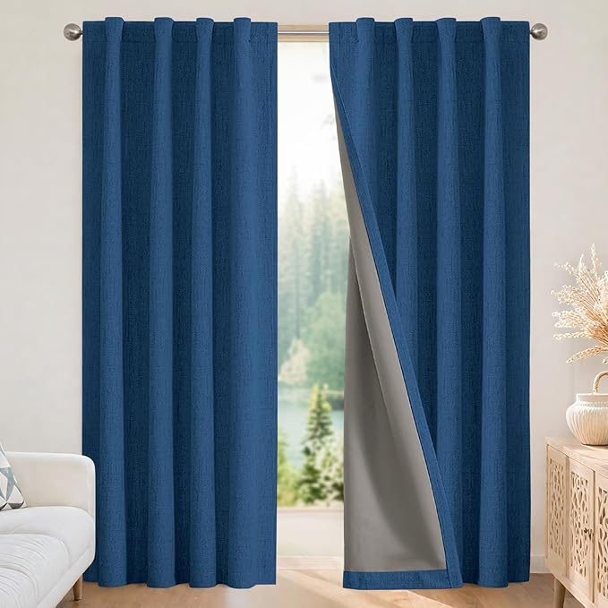 Joydeco Blackout Curtains for Bedroom - 100% Light Blocking 2 Panels Navy Blue Drapes 42" W x 90" L, Thermal Insulated Room Darkening Curtains, Linen Textured for Living Room, Rod Pocket & Back Tabs