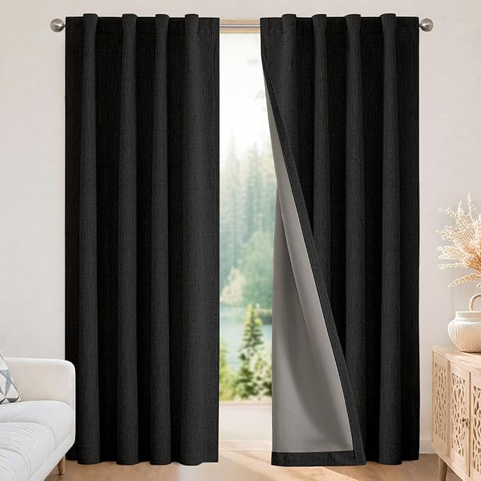 Joydeco Linen Blackout Curtains for Bedroom - 100% Light Blocking 1 Panels, Black Drapes 70" W x 90" L, Thermal Insulated Room Darkening Curtains for Living Room, Rod Pocket & Back Tabs