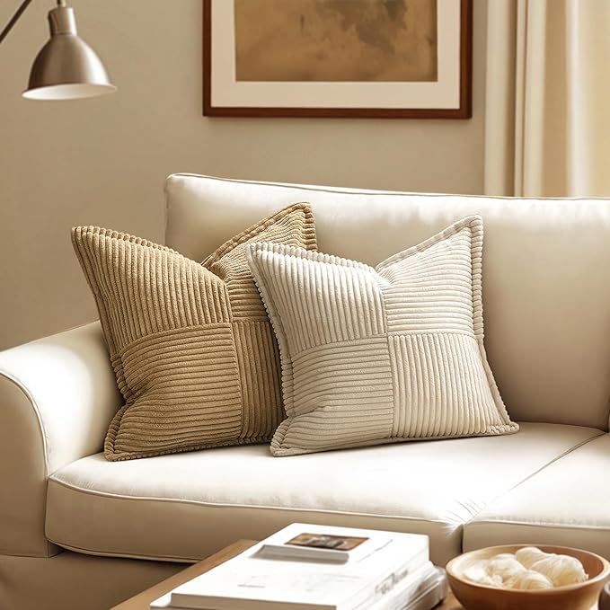 MIULEE Decorative Lumbar Throw Pillow Covers for Couch Bed Livingroom 12x24 Inch Set of 2 Beige Boho Accent Throw Pllows Broadside Striped Patchwork Soft Corduroy Pillowcases