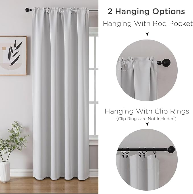 CUCRAF Grayish White Blackout Curtains 72 inch Length 2 Panels Set, Rod Pocket Room Darkening Drapes for Bedroom Living Room, Insulated Thermal Light Blocking Window Curtain (W52 x L72 Inch)