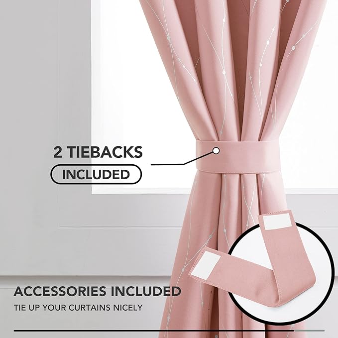 Deconovo Pink Curtains, Blackout Drapes, Thermal Insulated Soundproof Curtain, Silver Wave Dots Print, 52 x 63 Inch Long, Machine Washable Window Panels for Girls Bedroom Living Room Nursery, Set of 2