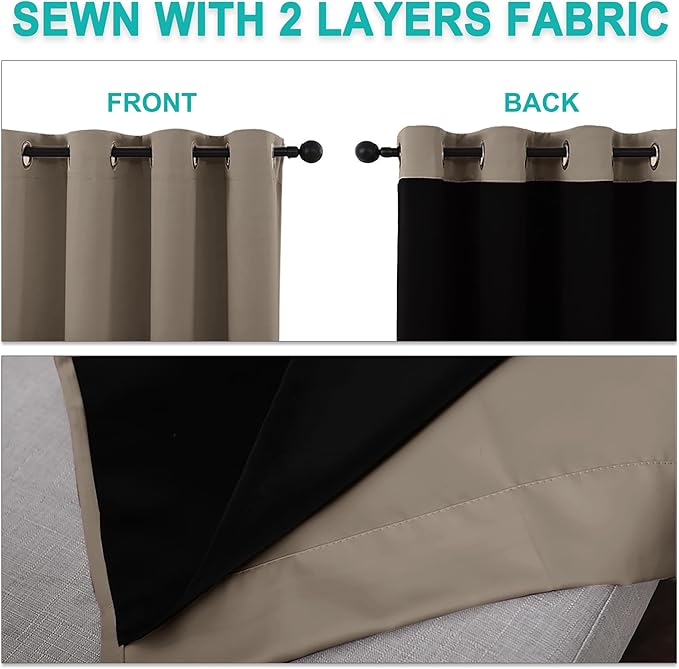 NICETOWN Taupe 100% Blackout Curtains 2 Panels with Black Liners, Thermal Insulated Full Blackout 2-Layer Lined Drapes, Noise Cancellation Window Draperies for Dining Room (42-inch W by 54-inch L)