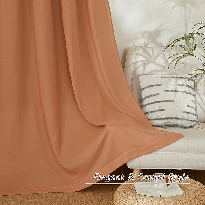 NICETOWN Linen Curtains 84 inch Length 2 Panels Burnt Orange, Grommet Privacy Added Thick Flax Linen Burlap Semi Sheer Light Filtering Window Curtain Drapes for Bedroom/Flat, W55 x L84