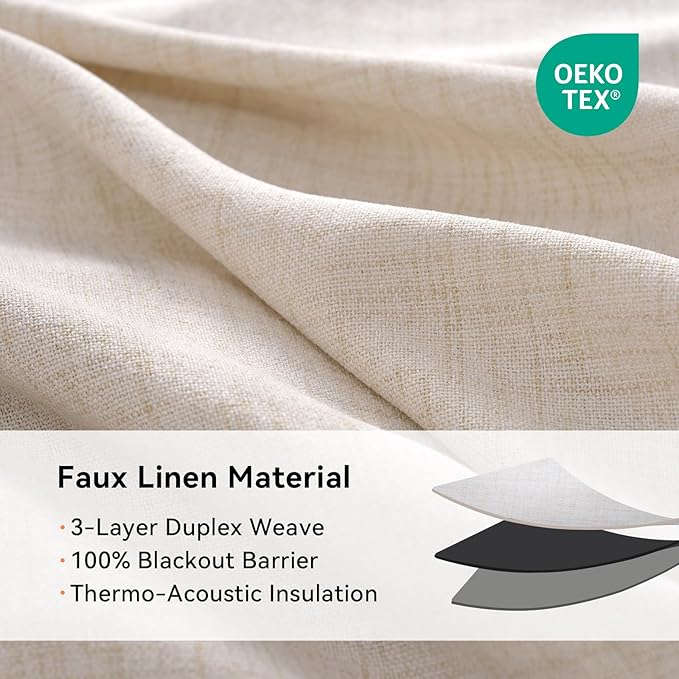 100% Blackout Shield Linen Blackout Curtains for Bedroom, Oatmeal Grommet Curtains for Living Room, Thermal Insulated Room Darkening Drapes for Nursery, Boho Home Decor, 50" W x 108" L, 2 Panels