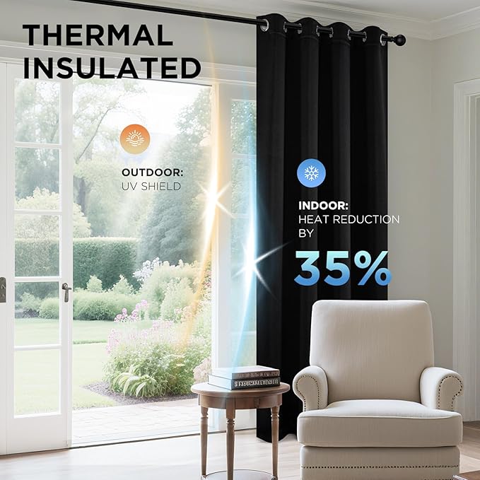 Joydeco Blackout Curtains 72 Inch Length 2 Panels Set, Thermal Insulated Long Curtains& Drapes 2 Burg, Room Darkening Grommet Drapes for Living Room Bedroom Window (W52 x L72 Inch, Black)
