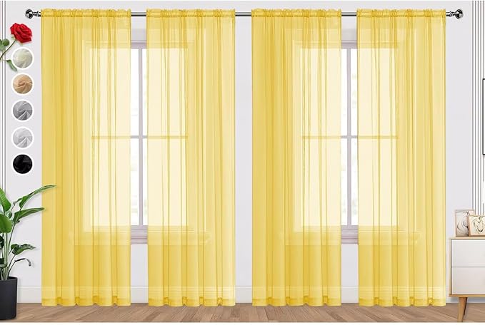 SpaceDresser Yellow Sheer Curtains 4 Panels Rod Pocket Semi-Sheer Curtain 84 Inches Long Light Filtering Voile Window Drapes for Bedroom Living Room Kitchen, Each 52W x 84L