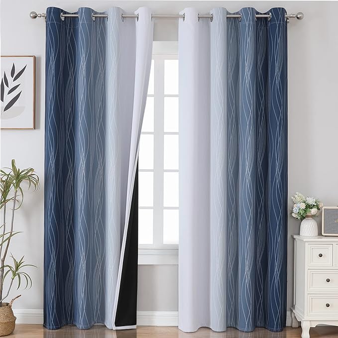 Estelar Textiler Blackout Curtains 102 Inches Long 2 Panels for Living Room, Navy Blue and Greyish White Thermal Insulated Full Light Blocking Ombre Grommet Drapes for Bedroom, 52Wx102L