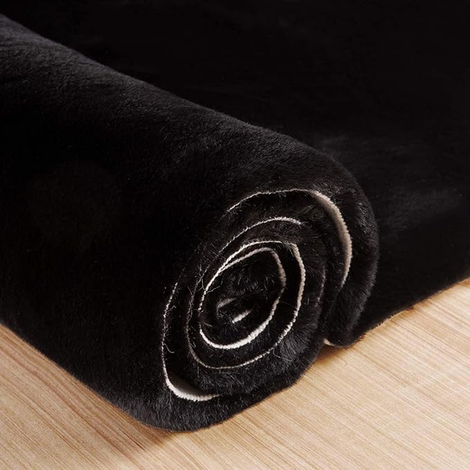 ORINOVA Black Shag Faux Rabbit Fluffy Fur Rugs for Bedroom Machine Washable Runner Rugs for Living Room 2x8 Runner Rug Nursery Rug