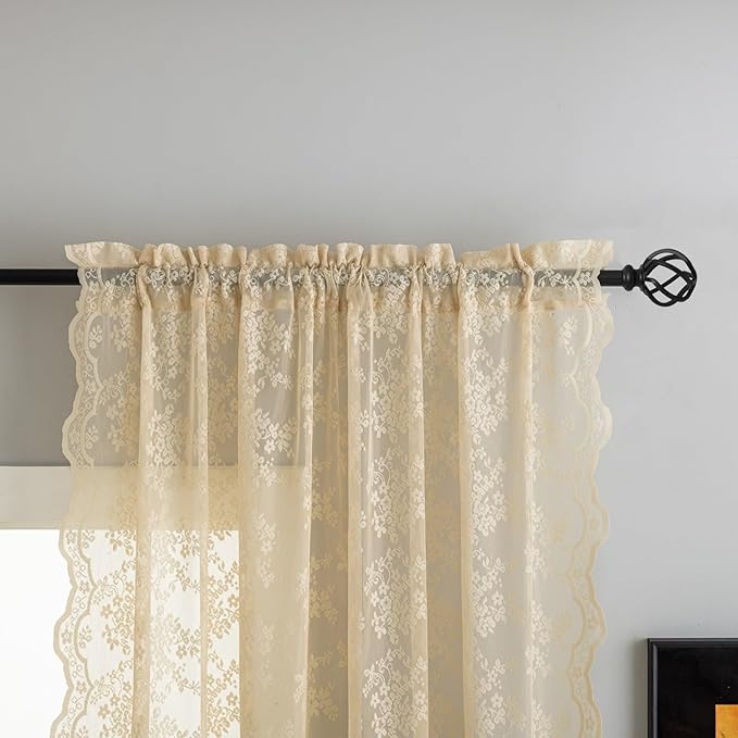 YJ YANJUN Vintage Lace Curtains 72 Inches Long-Victorian Flower Beige Voile Sheer Curtains for Dining Room Bathroom Bay Window Privacy Boho French Country Farmhouse Room Decor 2 Panels 52x72