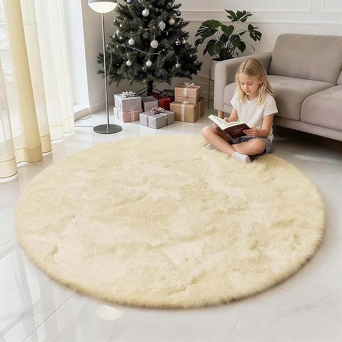 yulidayang Fluffy Round Area Rugs for Bedroom,Ivory 5'X5'Shag Circle Area Rugs for Girls Room,Non Slip Fuzzy Plush Rug for Kids Room Living Room and Dorm Home Rug