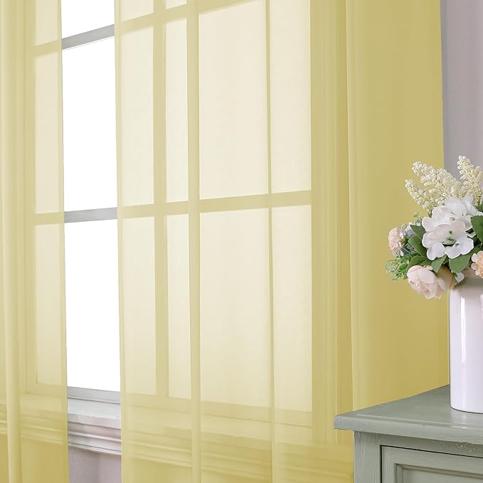 Aiyufeng Yellow Sheer Curtains 63 Inches Long 2 Panels Set, Semi Transparent Voile Rod Pocket Sheer Window Drapes for Bedroom Bed Canopy Living Room Dining Wedding Party Backdrop, 40W x 63L inch