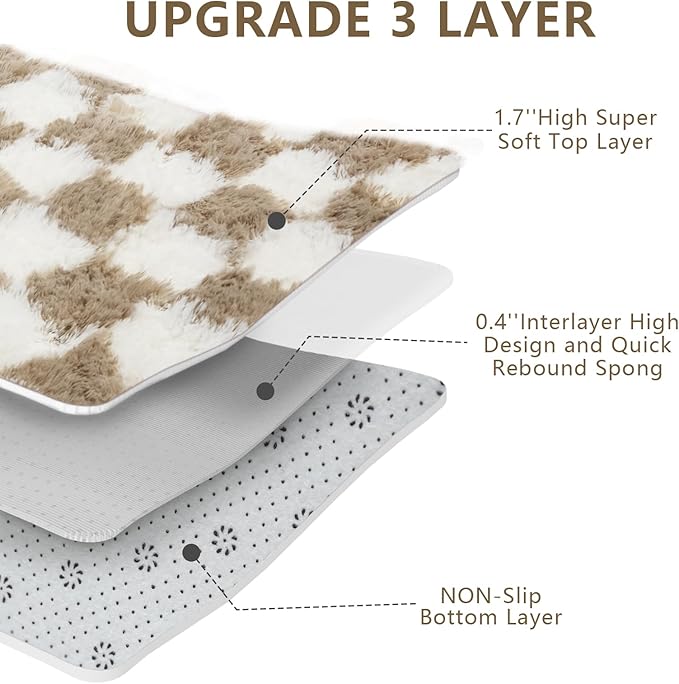 Checkered Area Rugs for Bedroom 5x8, Fluffy Beige and White Checkered Rug Fuzzy Shag Shaggy Carpets for Living Room, Soft Plush Furry Rug for Boy Girls Room Dorm Home Decor