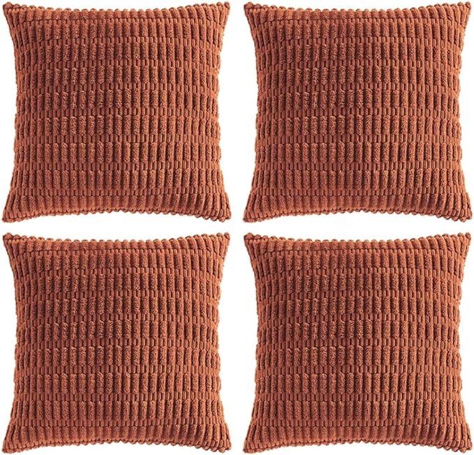 Fancy Homi 4 Packs Rust Decorative Throw Pillow Covers 22x22 Inch for Living Room Couch Bed Sofa, Terracotta Rustic Farmhouse Boho Home Decor, Soft Plush Striped Corduroy Square Cushion Case 55x55 cm
