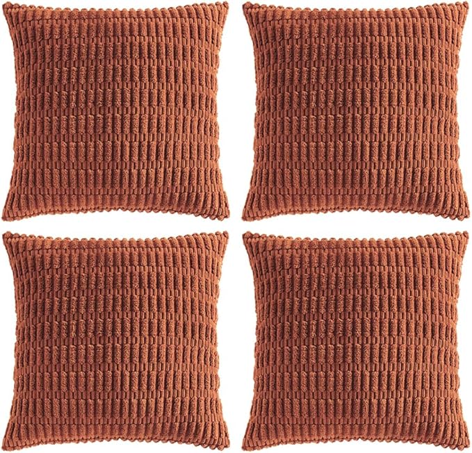 Fancy Homi 4 Packs Rust Decorative Throw Pillow Covers 24x24 Inch for Living Room Couch Bed Sofa, Terracotta Rustic Farmhouse Boho Home Decor, Soft Plush Striped Corduroy Square Cushion Case 60x60 cm