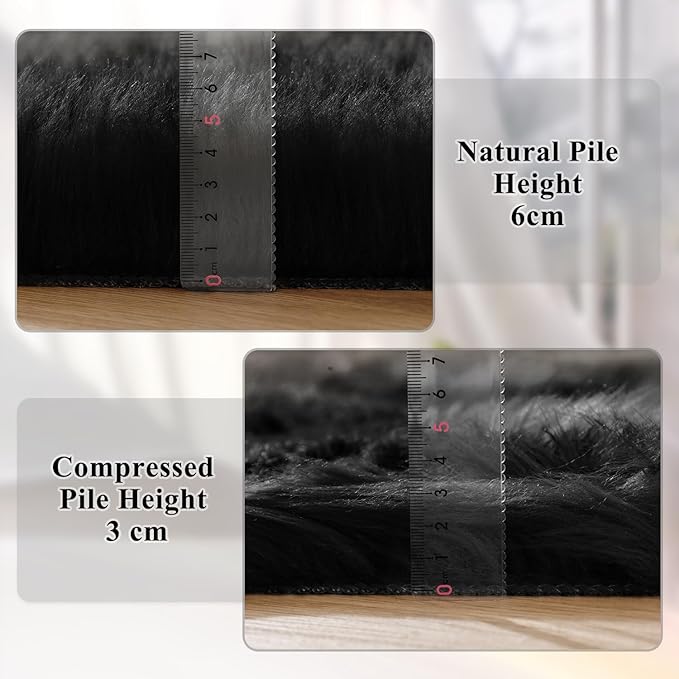 ORINOVA Washable Faux Fluffy Fur Round Area 6.6ft Rugs for Living Room Black Large Furry Rug for Bedroom Boho Circle Nursery Rug Teen Room Décor