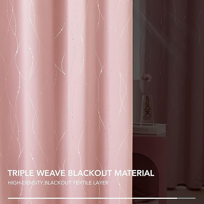 Deconovo Pink Curtains, Blackout Drapes, Thermal Insulated Soundproof Curtain, Silver Wave Dots Print, 45 x 45 Inch Long, Machine Washable Window Panels for Girls Bedroom Living Room Kitchen, Set of 2