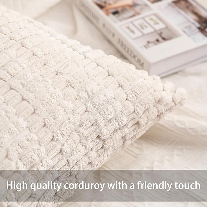 Pack of 2 Corduroy Decorative Throw Pillow Covers 12x20 Inch Soft Striped Pillow Covers Modern Farmhouse Home Decor for Sofa Living Room Couch Bed（White）