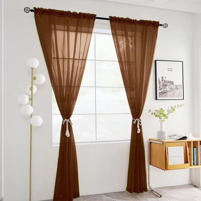 SpaceDresser Brown Sheer Curtains 4 Panels Rod Pocket Semi-Sheer Curtain 45 Inches Long Light Filtering Voile Window Drapes for Bedroom Living Room Kitchen, Each 52W x 45L