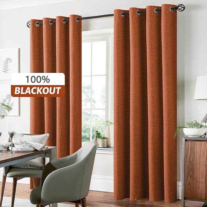Yakamok Burnt Orange Linen Curtains 100% Blackout 63 Inches Long,Room Darkening Textured Curtains for Living Room Thermal Grommet Bedroom Curtains 2 Panels with White Liner