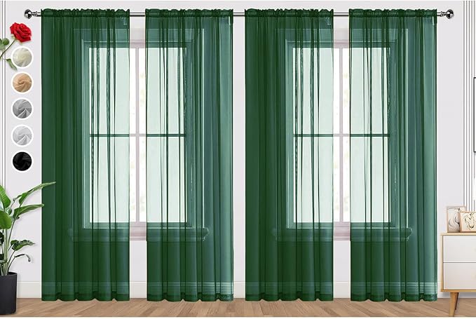 SpaceDresser Foliage Green Sheer Curtains 4 Panels Rod Pocket Semi-Sheer Curtain 96 Inches Long Light Filtering Voile Window Drapes for Bedroom Living Room Kitchen, Each 52W x 96L