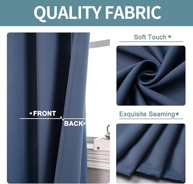 ChrisDowa Blackout Curtains 70 inches Wide for Bedroom - 2 Panels Set Extra Wide Grommet Thermal Insulated Room Darkening Curtains for Living Room (Stone Blue, 70 x 63 Inch)