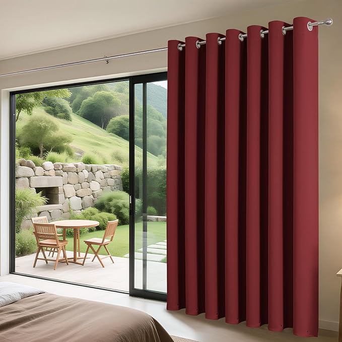 Joydeco Blackout Patio Sliding Door Curtains 96 Inches Long, Grommet Privacy Room Divider Curtains, Extra Wide Thermal Blackout Drapes for Bedroom Living Room (Burgundy Red, 60Wx96L, 1 Panel)