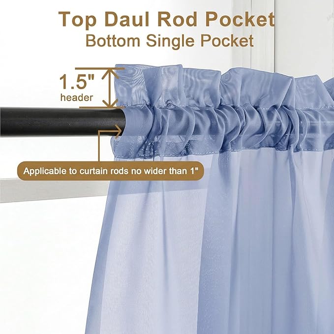 Chyhomenyc Sheer Curtains 36 inch Length 2 Panels Set - Light Filtering Voile Rod Pocket Short Window Curtians for Bathroom Living Room Farmhouse Small Windows, 42Wx36L inches, Denim Blue