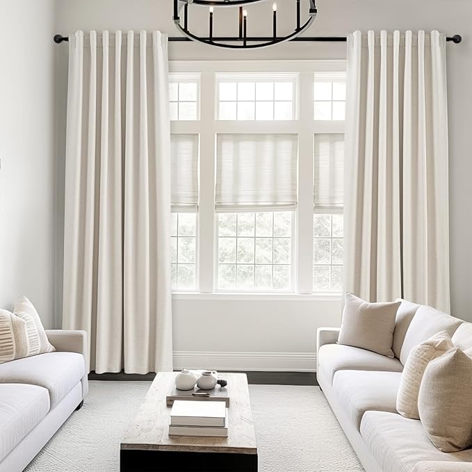 Topfinel 94 Inches Long Custom Ceiling Cream White Blackout Beige Curtains, Light Blocking Track Soundproof Curtains, Decorative Elegant Farmhouse Linen Curtains 52" X 94" for Living Room 2 Panels