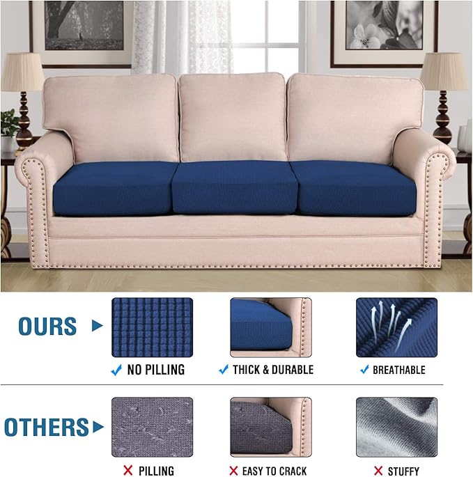 H.VERSAILTEX Super Stretch Couch Cushion Covers Sofa Cushion Slipcovers Jacquard Fabric Individual Seat Couch Slipcover Sets for Pets with Elastic Bottom(3 Packs Cushion Sofa Covers, Navy)